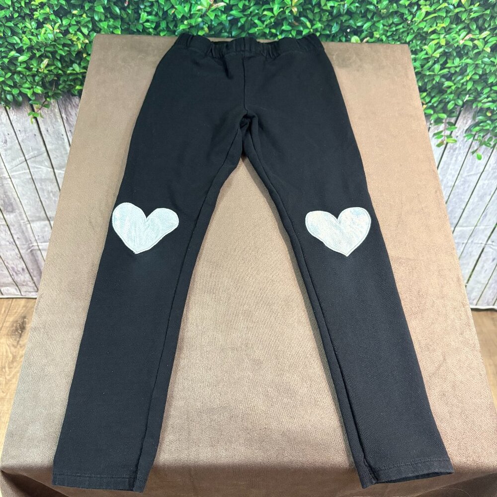 H&M Girls Warm Lined Black Leggings with Silver Patch Hearts Pants (SKU: 125G)